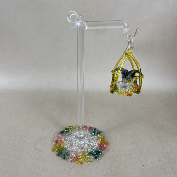 Vintage Mini Spun Blown Glass Bird In Cage Overhang w/Stand 6” Art Decor Display - Picture 1 of 12